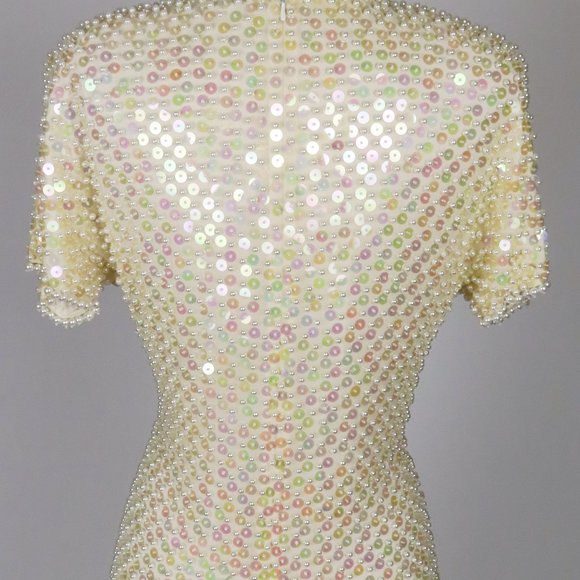 Vintage 80s Pearl Heavily Beaded Cocktail Party Prom Trophy Sheath Dress  S M - Picture 14 of 16